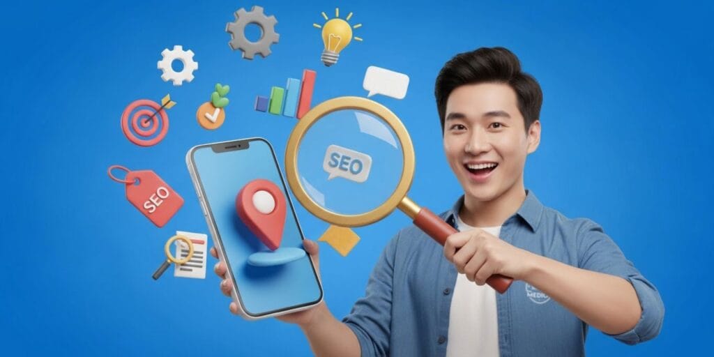Man pointing at smartphone with local SEO magnifying glass and digital marketing icons