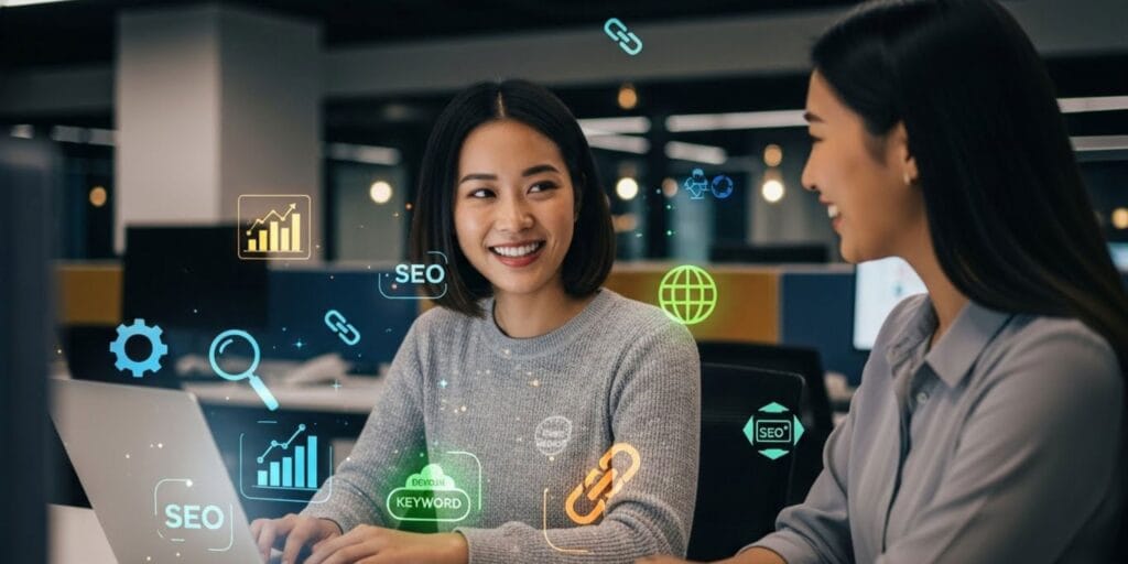Two women SEO consultants collaborating on sustainable growth strategy with digital marketing icons