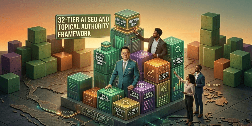 : Jeremy Lee, Sotavento Medios, AI Topical Authority, Answer Engine Optimization (AEO), AI SEO, 32-tier framework, Search Expert Singapore, SEO Philippines, Digital Equity, Entity-based Content, Machine-readable Data, Gemini, ChatGPT