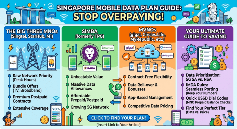 singapore telco comparison 2026, best mobile plan singapore, postpaid vs prepaid sim card singapore, sim only plan singapore comparison, singapore mobile virtual network operators, Singtel postpaid SIM-only, StarHub 5G Standalone network, M1 prepaid M Card, SIMBA Telecom data roaming, giga rolling data plan, Circles.Life no contract plan, MyRepublic mobile broadband bundle, redONE Singapore Malaysia data sharing, CMLink China Mobile Singapore, Changi Mobile roaming tiers, Eight Telecom entry level plan, Zym Mobile 5G plans, mobile number porting singapore IMDA, check prepaid balance singtel starhub m1, standalone vs non-standalone 5G singapore, no contract mobile plans singapore, network prioritization peak hours MRT, singpass verification prepaid sim card