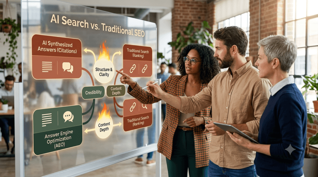 AI search, AI overviews, SEO, AEO, answer engine optimization, search engine optimization, Google SGE, content strategy, future of search, digital marketing, organic traffic