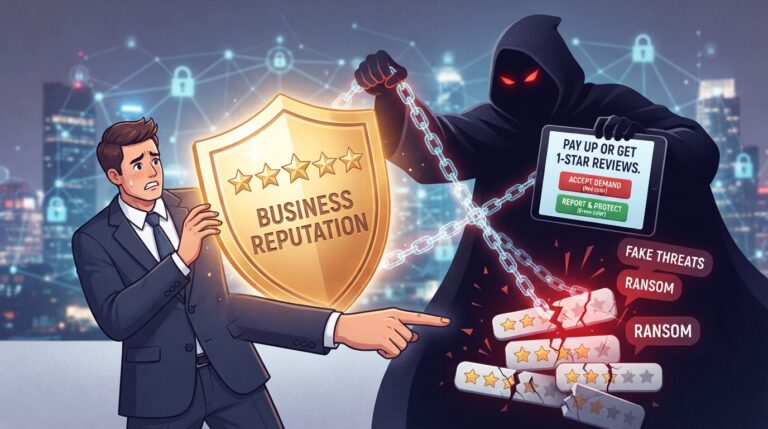 review extortion, online reputation, cybersecurity, digital blackmail, business security, fake reviews